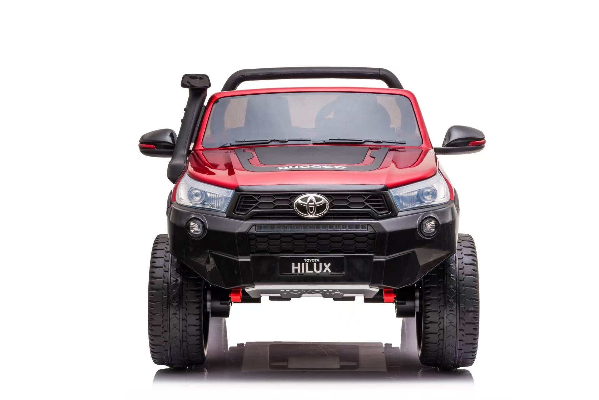 Front view of red 24V 800W licensed Toyota Hilux rugged 4x4 2-seater kids ride-on ute with realistic details