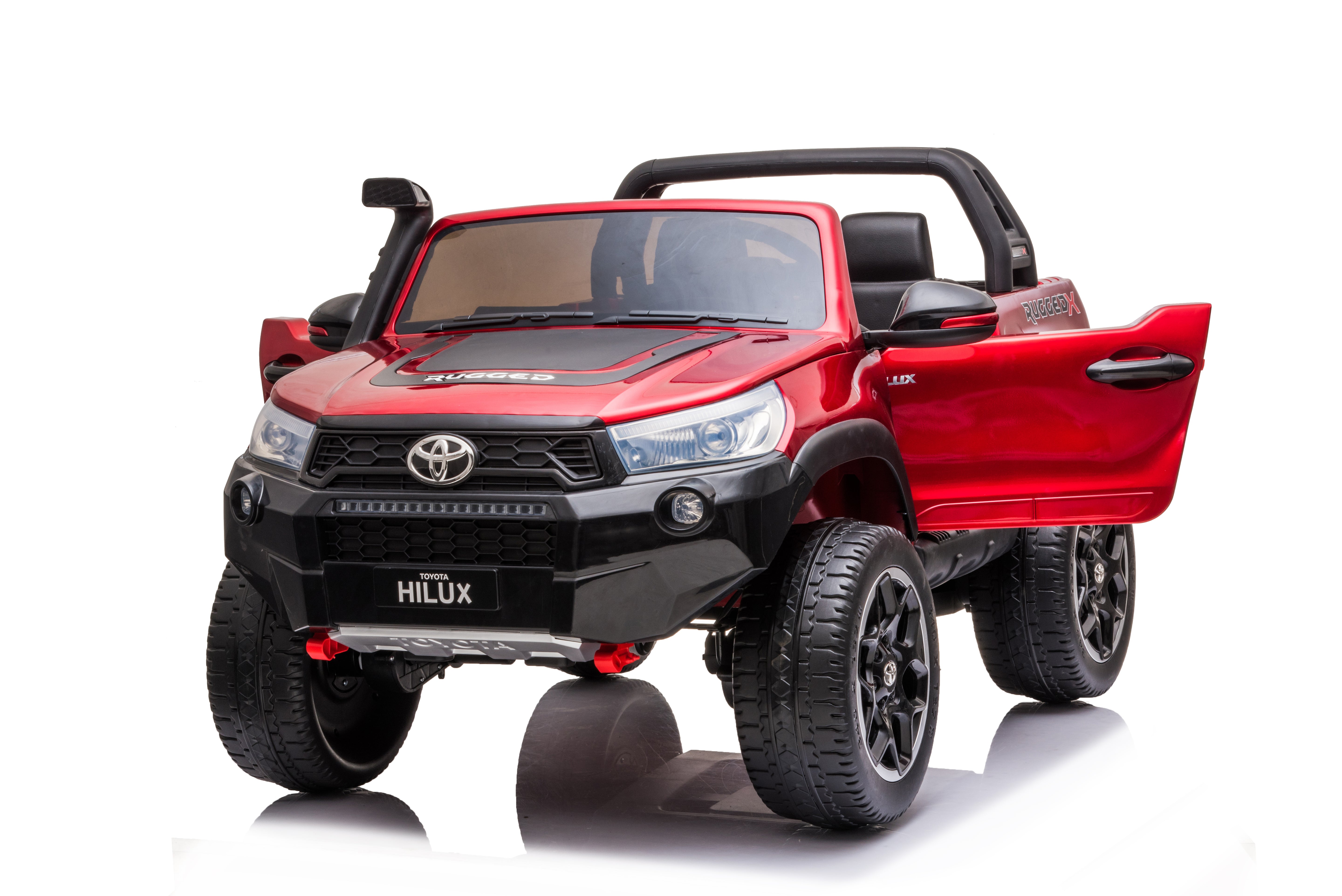 24V 800W licensed red Toyota Hilux 4x4 2-seater kids ride-on ute with detailed grille and opening doors