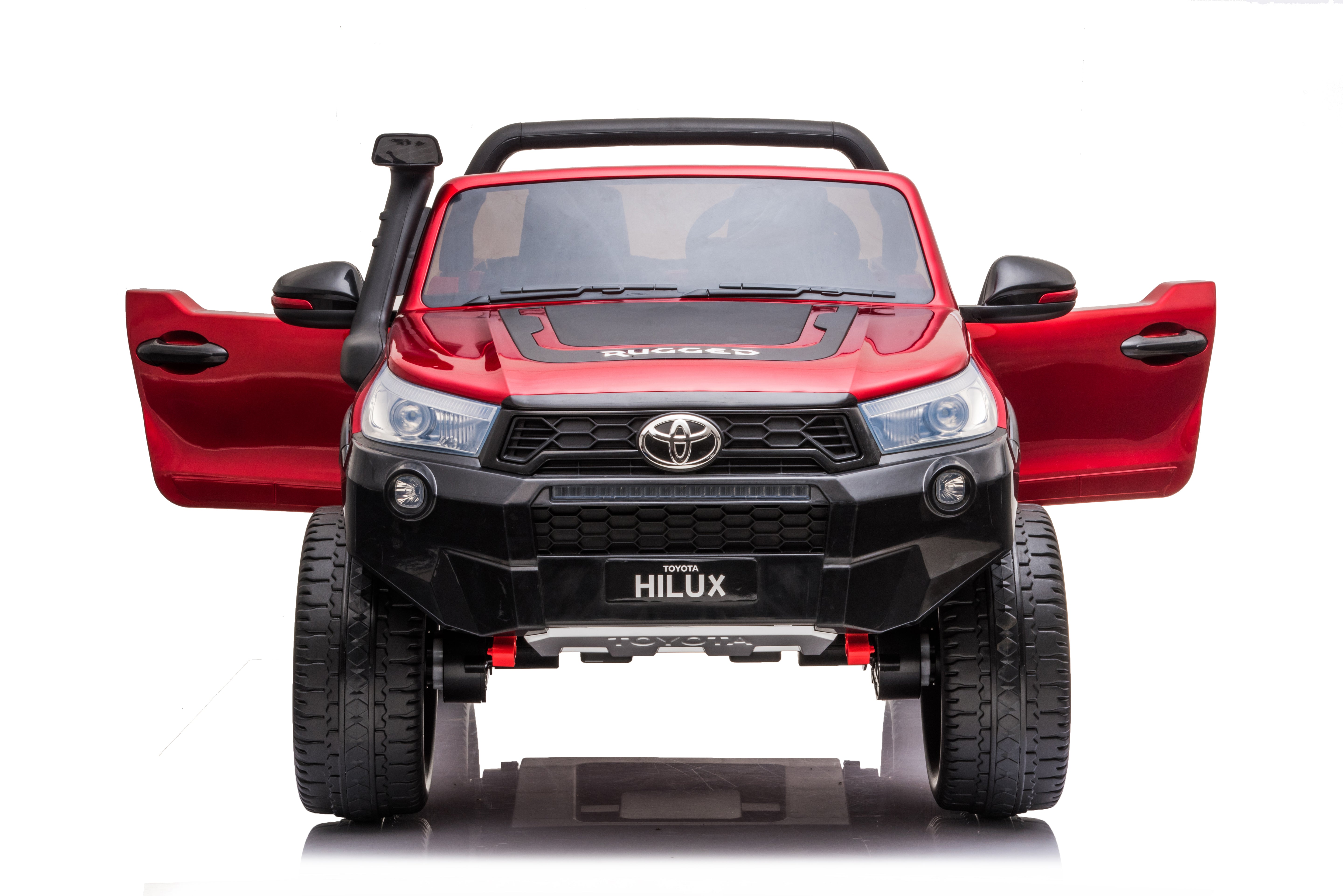 Front view of red 24V licensed Toyota Hilux rugged 4x4 2-seater kids ride-on ute with open doors